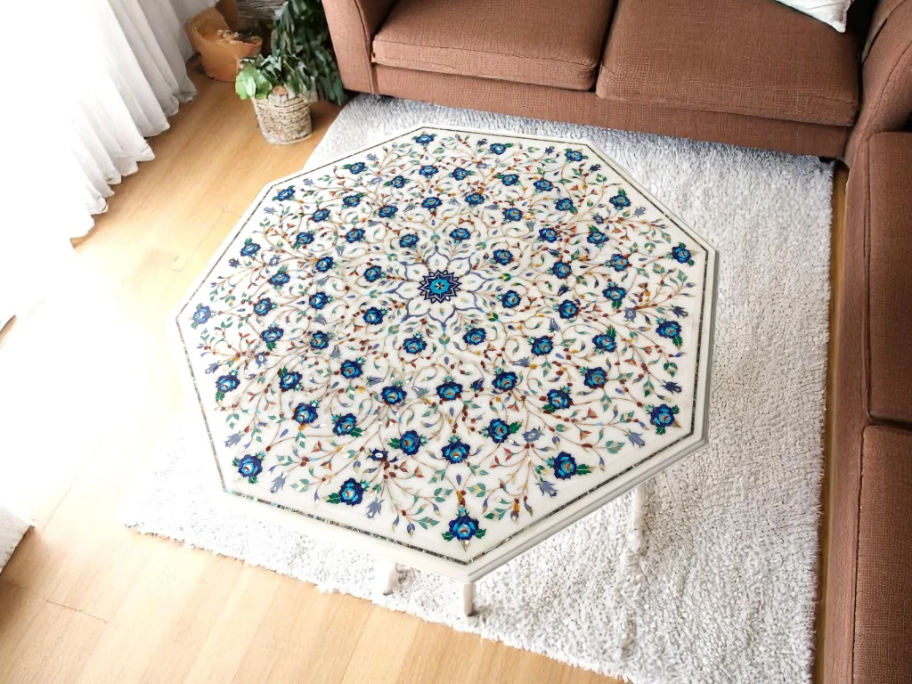 Octagonal Marble Living Room Table - Parchin kari 17th Century Mughal Art 